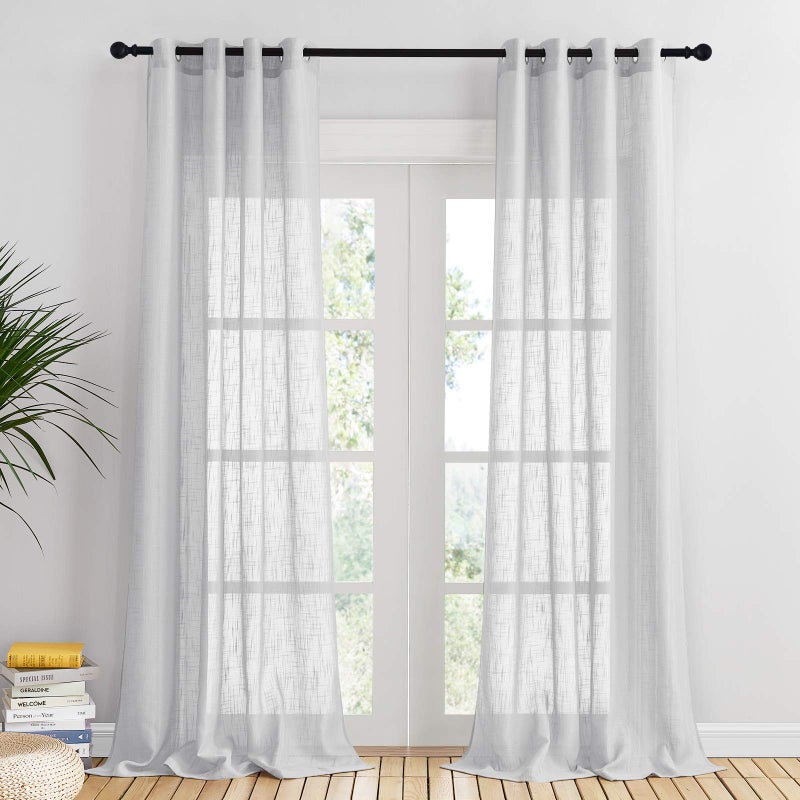 PONY DANCE Light Grey Eyelet Net Curtains  Semi Transparent Voile Curtains Window Treatments Fresh Air Through Sunlight Filter Living Room Luxury Long Sheer Panels Set of 2 52 x 95 Inches