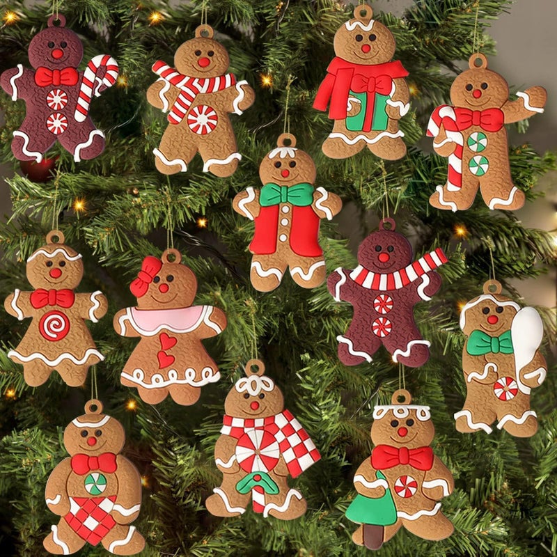 12pcs Gingerbread Man Ornaments for Christmas Tree Assorted Gingerbread Figurines Ornaments Christmas Tree Hanging Decorations 3 Inch Tall