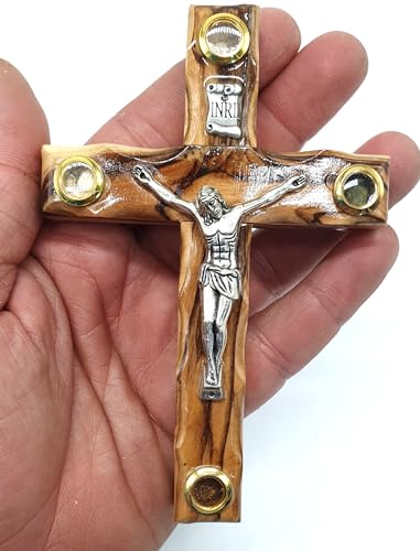 Zuluf 4.7" Olive Wood Catholic Cross with Metal Crucifix Hand Carved in Jerusalem Holy Land Christian Gift CRS087 - Image 1