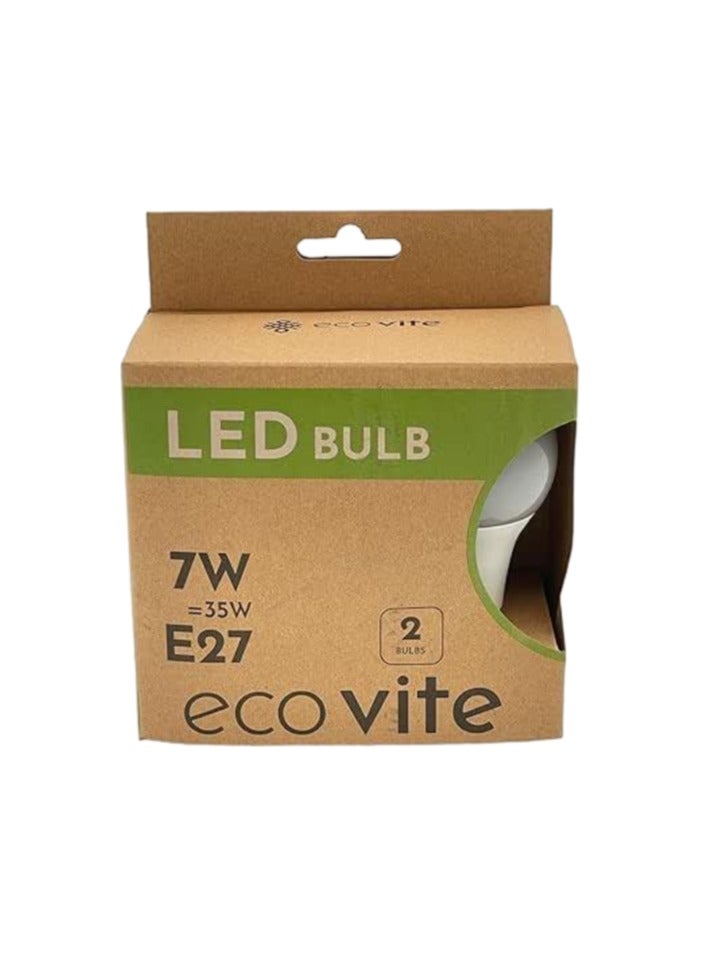 eco vite Eco-Vite 7W LED Bulbs – E27 Base, Warm White Light (3000K), 2-Pack | Energy Saving = 35W Equivalent | 30,000 Hours | ECAS Approved | Eco-Friendly Lighting - Image 1