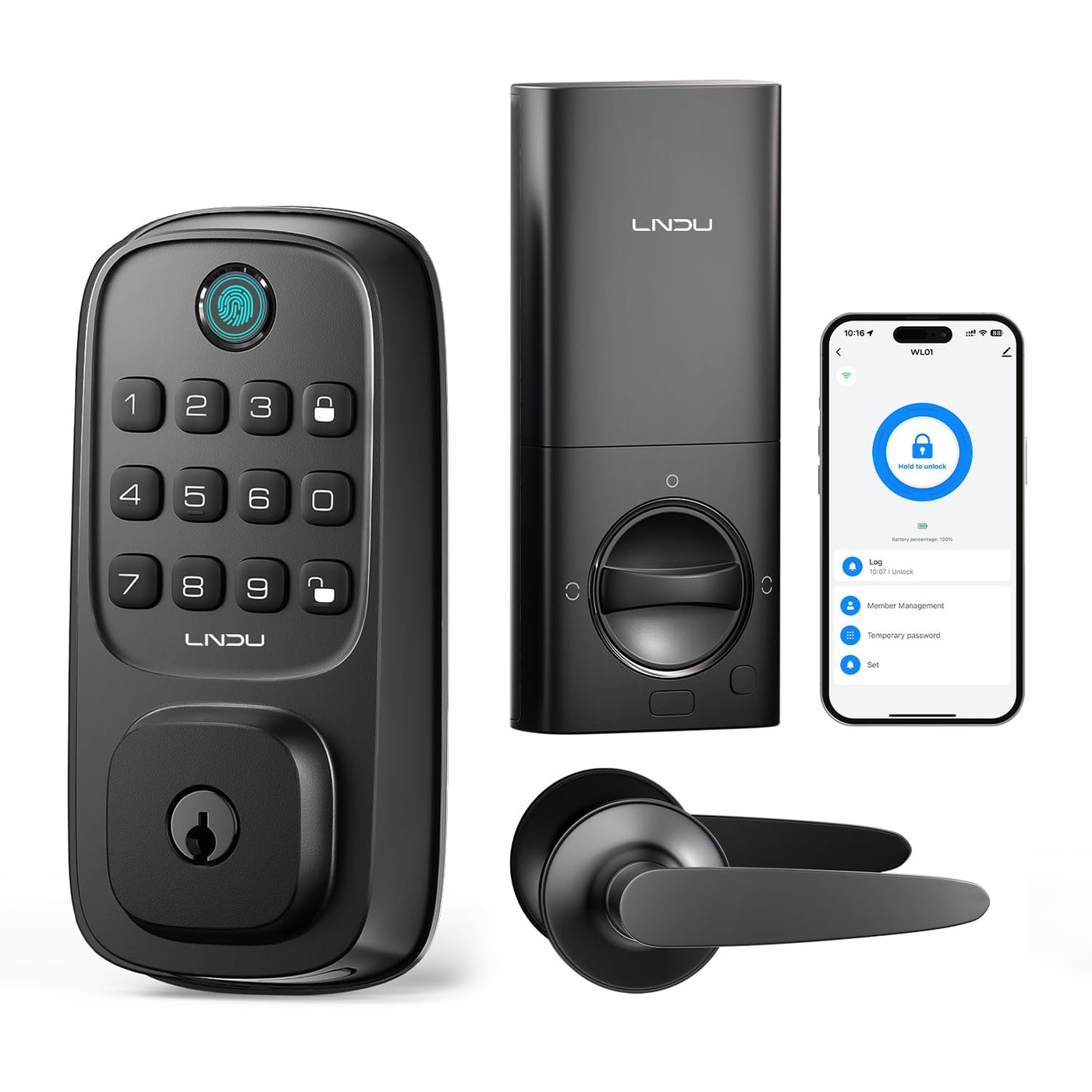 LNDU Keyless Entry Door Lock WiFi Smart Keypad Deadbolt with Handle Set Supports Fingerprint Alexa Google Assistant App Control AutoLock OneTime Code AntiPeeking Password