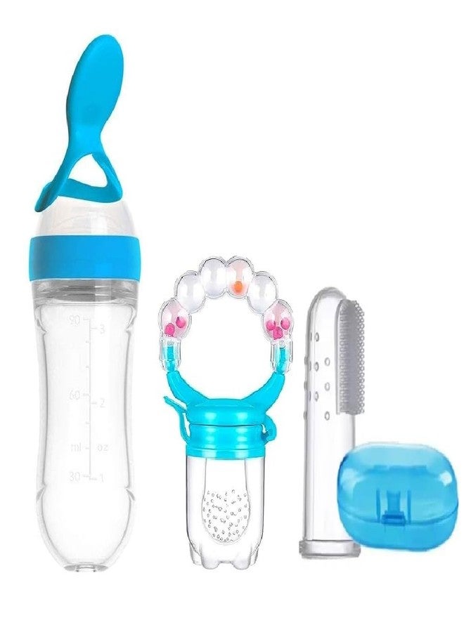 Chopchi Silicone Fruit Rattle Pacifier 1 Pcs,1 pcs Spoon Feeder Bottle and 1 Pcs Finger Brush for Infant Baby 6 Month Above (3 Piece Combo Set-Blue) - Image 1