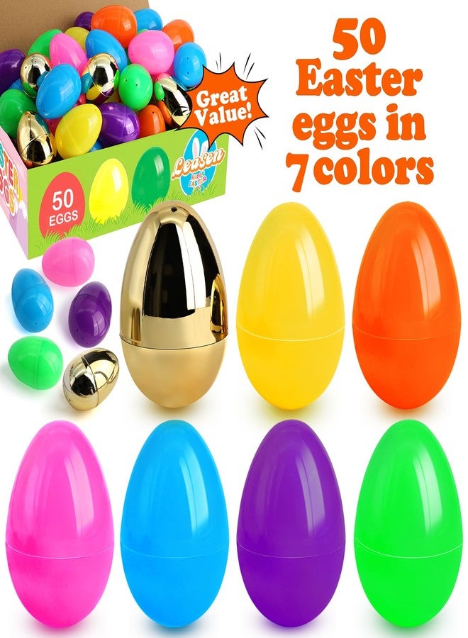 LEASEN [ 6 Surprise Golden Eggs ] 50 Pack 3 Inch Large Plastic Easter Eggs, Bright Colors Eggs Bulks Empty Easter Eggs Fillable for Easter Hunt, Easter Party Favor, Basket Stuffers Fillers - Image 2