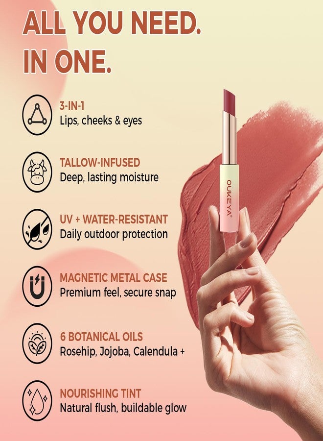 OUKEYA 3 In-1 Tallow Lip Balm | Beef Tallow & Beeswax for Dry Cracked Lips | SPF Lip Balm | Long-Lasting Natural Tinted Lipstick, Magnetic Metal Tube - Image 5