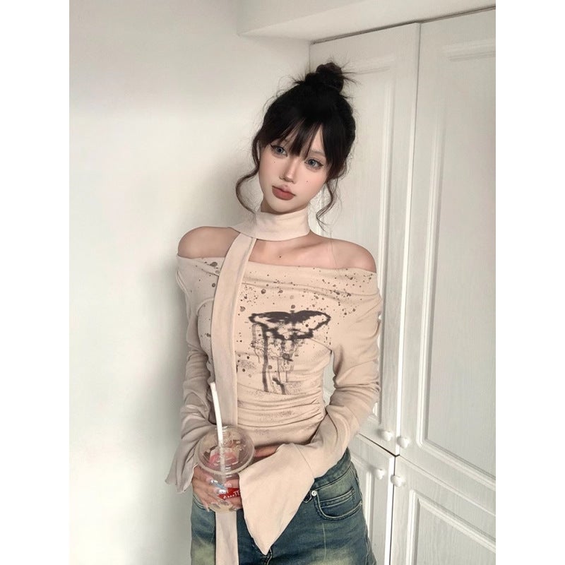 Z Maillard Shoulder Long-Sleeved T-Shirt Women'S Autumn New Pure Spice Girls Retro Ribbon Slim Short Top In - Image 1