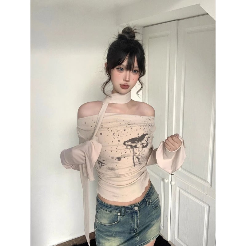 Z Maillard Shoulder Long-Sleeved T-Shirt Women'S Autumn New Pure Spice Girls Retro Ribbon Slim Short Top In - Image 4