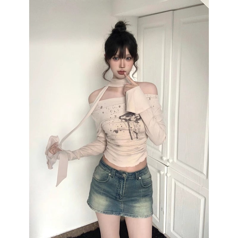 Z Maillard Shoulder Long-Sleeved T-Shirt Women'S Autumn New Pure Spice Girls Retro Ribbon Slim Short Top In - Image 5