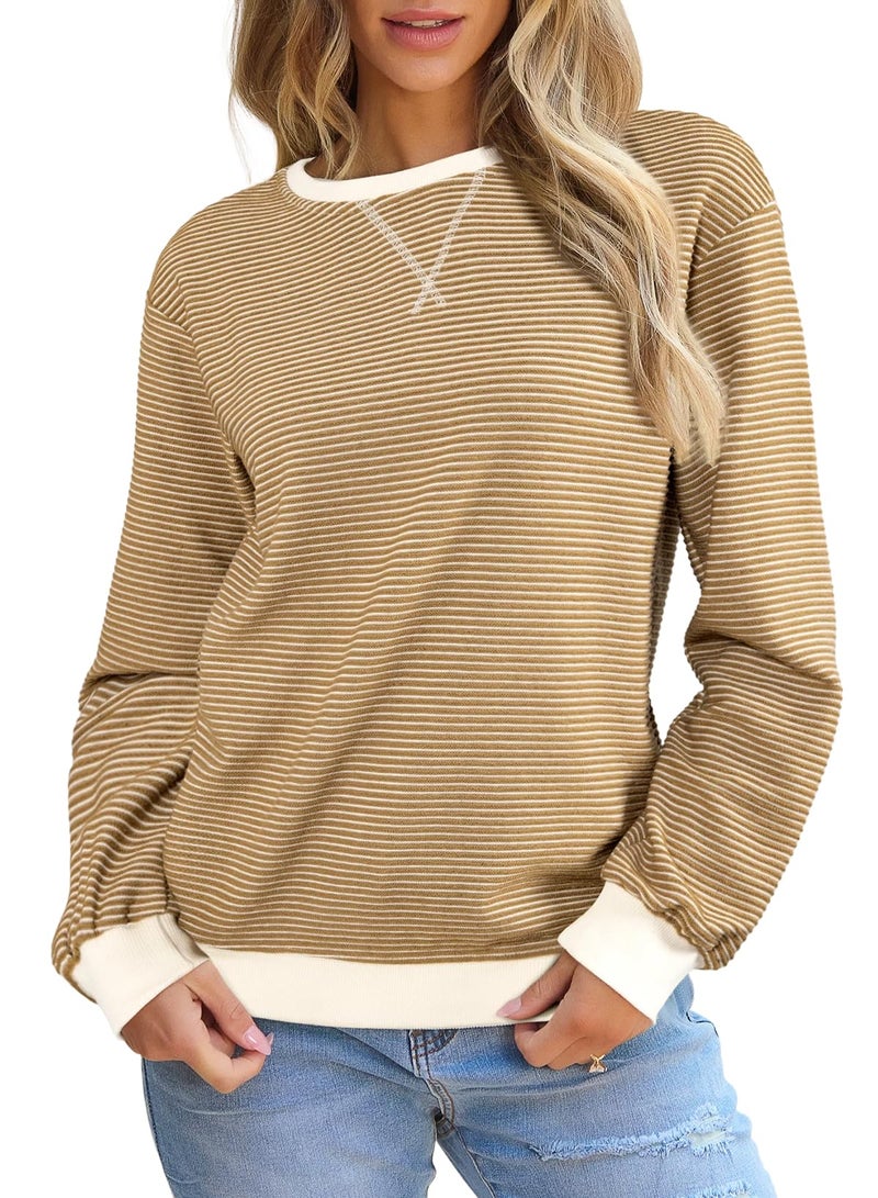 Shein SHEWIN Womens Sweatshirt Casual Long Sleeve Lightweight Fall Tops Crewneck Sweatshirts for Women Trendy Winter Clothes Light French Beige Medium - Image 1