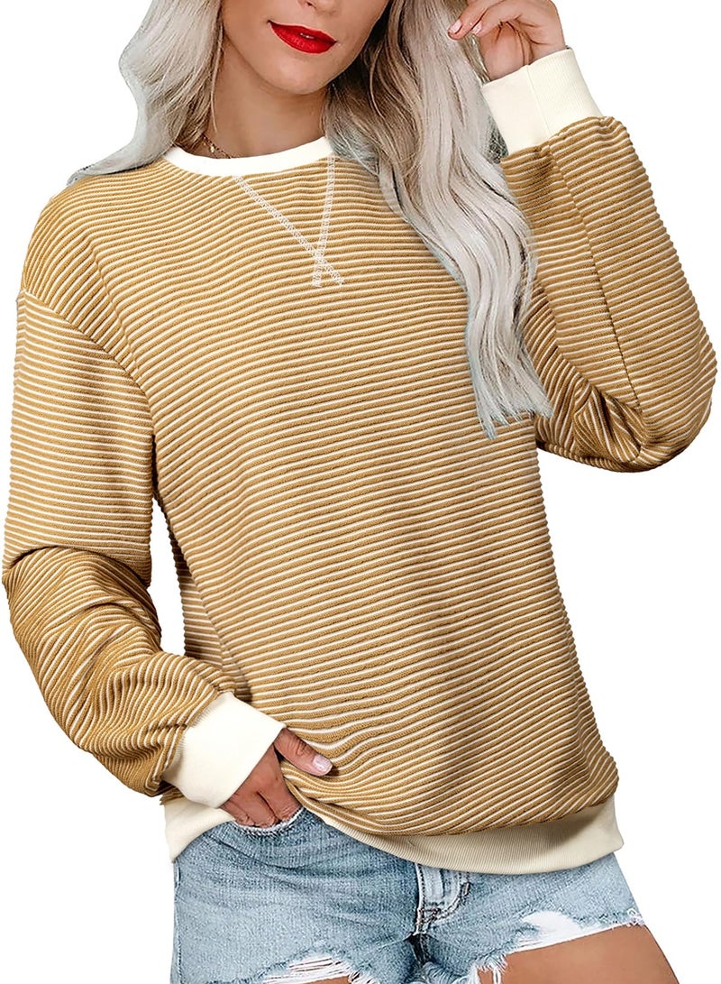 Shein SHEWIN Womens Sweatshirt Casual Long Sleeve Lightweight Fall Tops Crewneck Sweatshirts for Women Trendy Winter Clothes Light French Beige Medium - Image 3