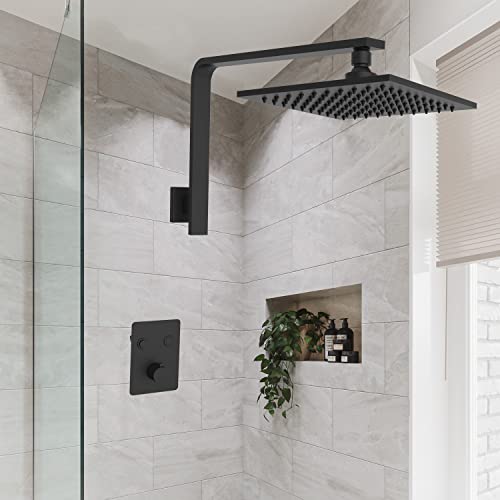 Aquaiaw High Rise Shower Arm and Flange, 10.5 inch, Solid Brass, Square, Matte Black, Gooseneck Raised Shower Head Arm W/Escutcheon, Both Soldered 1/2 NPT Tapered Threads, Wall Mount Shower Extension - Image 2