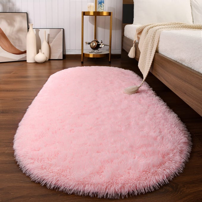 FLUFFY RUGS FOR BEDROOM SHAG CUTE AREA RUG FOR GIRLS AND KIDS BABY ROOM HOME DECOR 26 X 53 FEET OVAL INDOOR CARPET FOR NURSERY DORM LIVING ROOM PINK