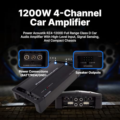 POWER ACOUSTIK مضخم صوت سيارة باور أكوستيك RZ4-1200D 4 قنوات فئة D – مضخم صوت سيارة مدمج مع معالج صوت رقمي – مضخم صوت سيارة كامل النطاق فئة D مع تشغيل تلقائي وطاقة MOSFET - Image 2