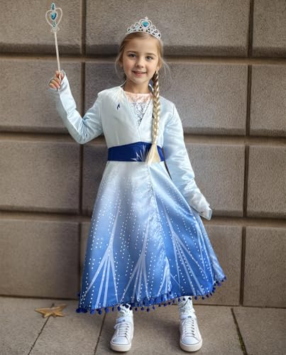 LZH Little Girls Dress Princess Fancy Halloween Costume Outfits Pants Long Sleeve Dress up+Accessories Blue - Image 2