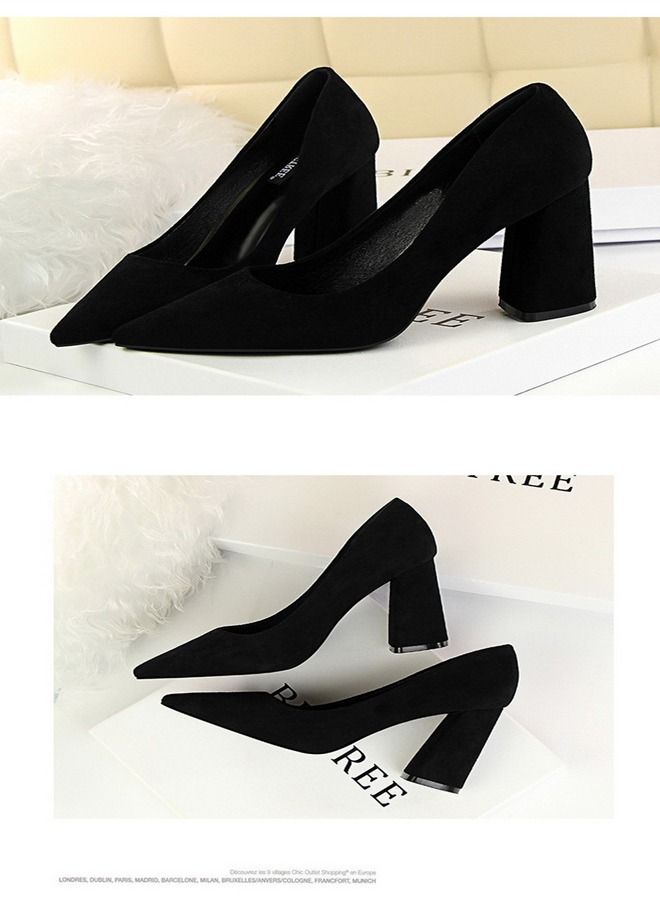 BIGTREE حذاء من الجلد المدبوغ بكعب عالٍ مدبب بفتحة ضحلة 8.5 سم، أسود - Image 2