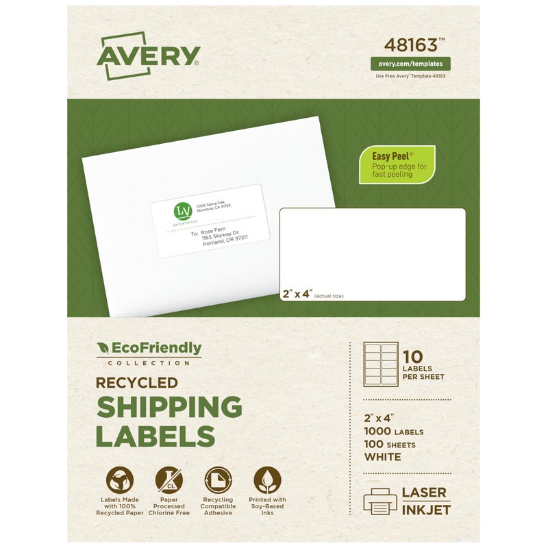 Avery EcoFriendly Recycled Shipping Labels, 2" x 4", White, Permanent Adhesive, Laser & Inkjet Printers, 1,000 Printable Labels, Great for Shipping and Mailing, Product Labels, and More (48163) - Image 1