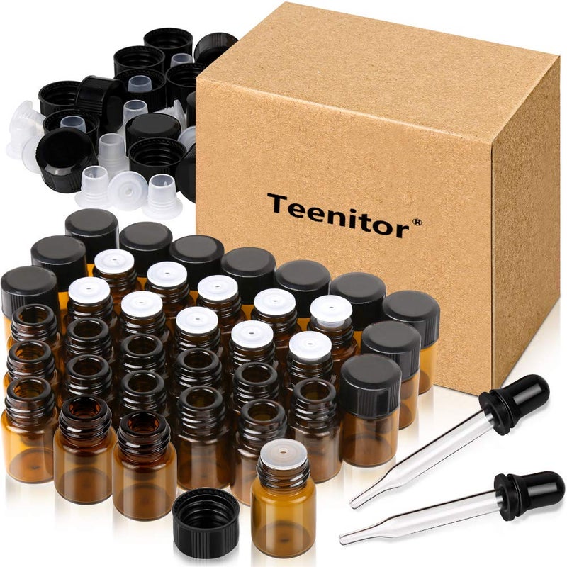 Teenitor Teenitor Oil Bottles for Essential Oils, 36 Pcs 2 ml (5/8 Dram) Amber Glass Vials Bottles, with Orifice Reducers and Black Caps, with 2 Free Glass Transfer Eye Droppers - Image 1