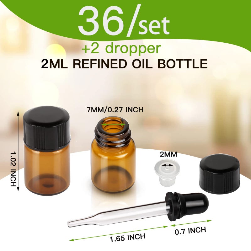 Teenitor Teenitor Oil Bottles for Essential Oils, 36 Pcs 2 ml (5/8 Dram) Amber Glass Vials Bottles, with Orifice Reducers and Black Caps, with 2 Free Glass Transfer Eye Droppers - Image 2