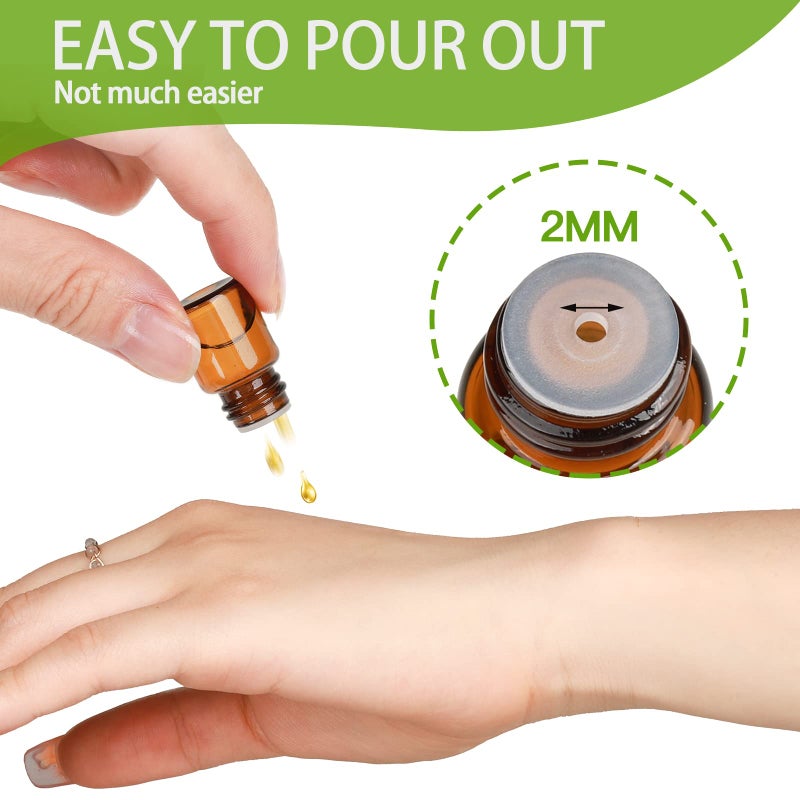 Teenitor Teenitor Oil Bottles for Essential Oils, 36 Pcs 2 ml (5/8 Dram) Amber Glass Vials Bottles, with Orifice Reducers and Black Caps, with 2 Free Glass Transfer Eye Droppers - Image 5