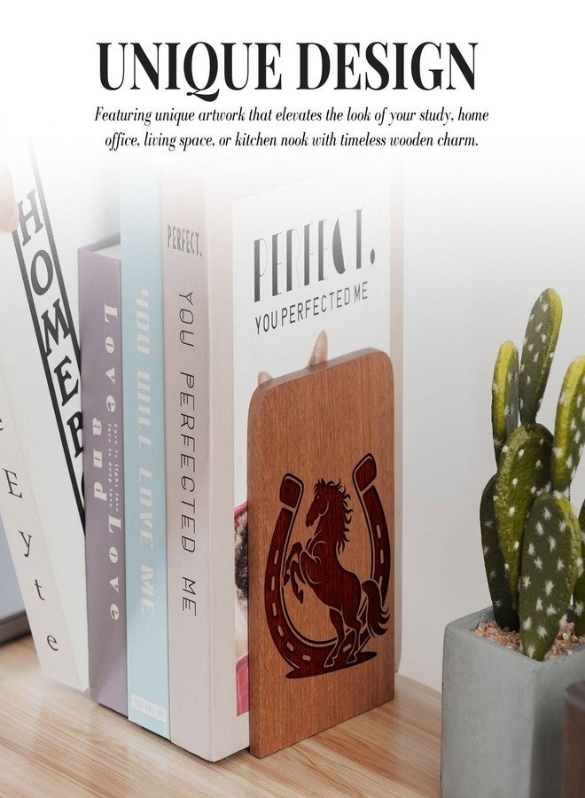 INNObeta Horse Gifts for Girls Women, Horse Bookends, Heavy Duty Wooden Book Ends for Shelves Decorative(1 Pair, 4.72x6.69 Inches) - Image 2