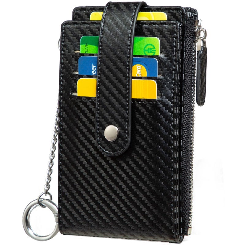 Huztencor Credit Card Holder for Women RFID Small Wallet Women Slim - Multi Zipper Card Case with Keychain Wine Red - Image 1