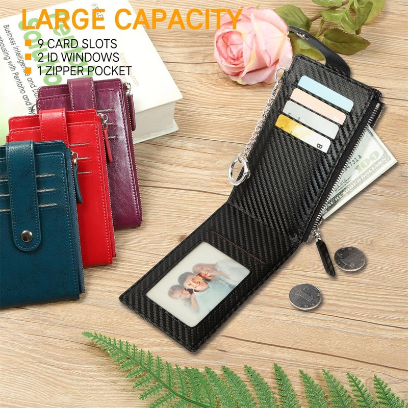Huztencor Credit Card Holder for Women RFID Small Wallet Women Slim - Multi Zipper Card Case with Keychain Wine Red - Image 2