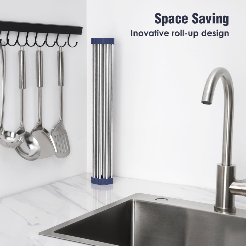 Tomorotec 17.7" x 15.5" Roll Up Dish Drying Rack Over Sink Drying Rack Sink Cover Kitchen Sink Accessories Gadget Multipurpose Organizer Foldable Stainless Steel Drainer - Image 3