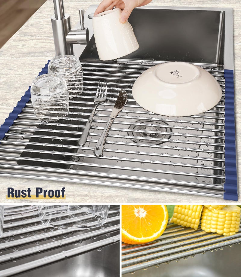 Tomorotec 17.7" x 15.5" Roll Up Dish Drying Rack Over Sink Drying Rack Sink Cover Kitchen Sink Accessories Gadget Multipurpose Organizer Foldable Stainless Steel Drainer - Image 2