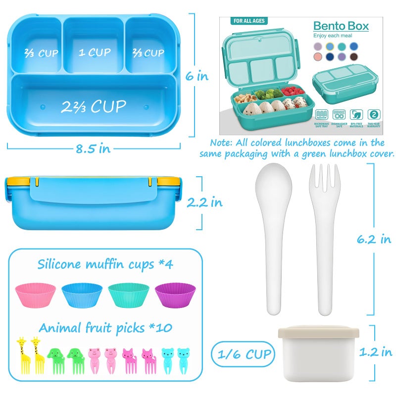 QQKO Bento Lunch Box for Kids Girls Boys, Toddler Kids Lunch Boxes for School, Lunch Containers for Adults with 4 Compartments, Sauce Container, Utensils, Food Picks and Muffin Cups, Blue - Image 2