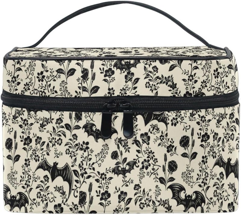 Makeup Train Case Bat Retro Flower Korean Carrying Portable Zip Travel Cosmetic Brush Bag Organizer Large for Girls Women