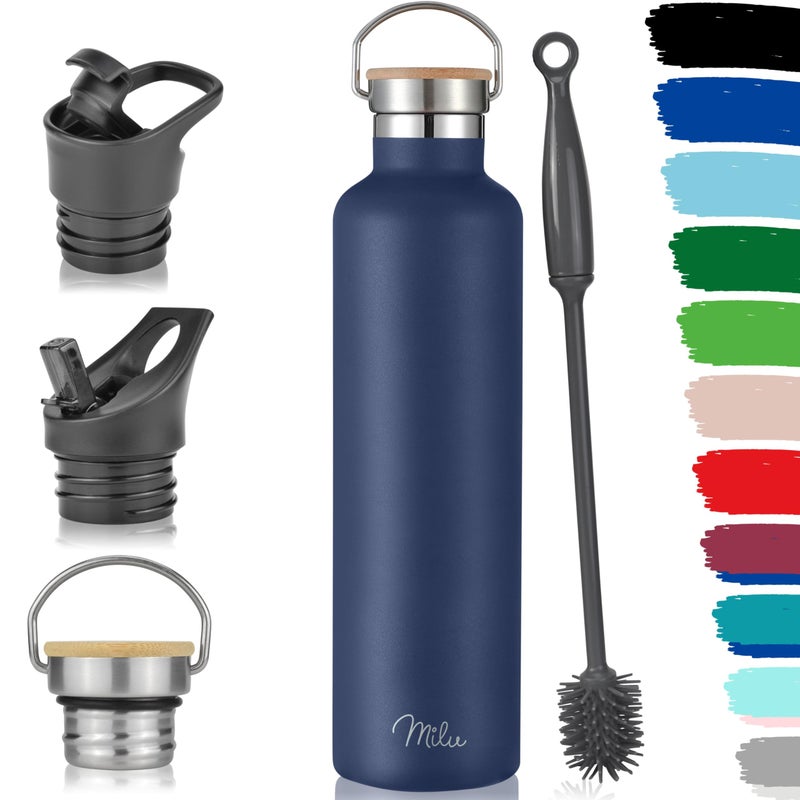 Milu Stainless Steel Drinking Bottle 350ml 500ml 750ml 1l 3 Lids  Thermo Bottle with Straw Water Bottle for Hot Cold  Carbonated Drinks Navy Blue 1000ml