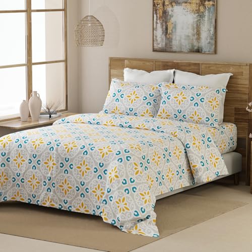 Layers Emaline 100% Cotton Double Bedsheet Set (Oeko Tex Certified) | 1 Double Cotton Bedsheet & 2 Pillow Covers | Breathable & Anti-Wrinkle | 144 TC | (Tile Print, Multicolor) - Image 2