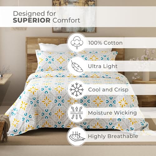 Layers Emaline 100% Cotton Double Bedsheet Set (Oeko Tex Certified) | 1 Double Cotton Bedsheet & 2 Pillow Covers | Breathable & Anti-Wrinkle | 144 TC | (Tile Print, Multicolor) - Image 3