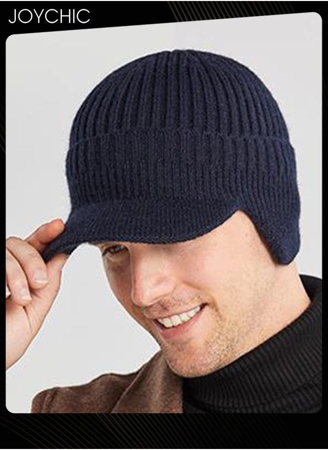 Joychic Men Winter Visor Beanie Hat with Earflaps Knit Baseball Cap with Brim Ski Hat Warm Fleece Lined Hunting Hat Navy Blue  - Image 3