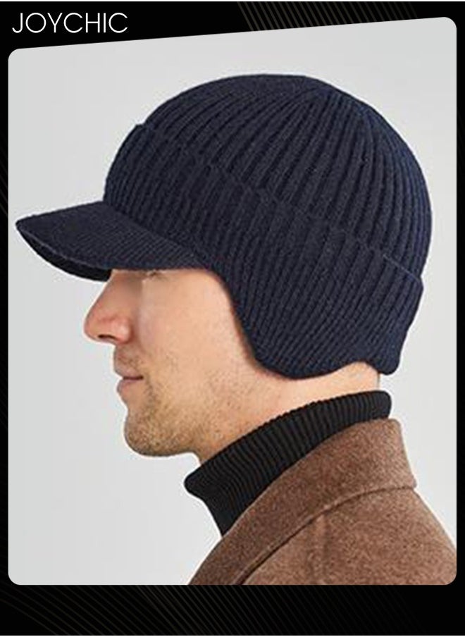 Joychic Men Winter Visor Beanie Hat with Earflaps Knit Baseball Cap with Brim Ski Hat Warm Fleece Lined Hunting Hat Navy Blue  - Image 2