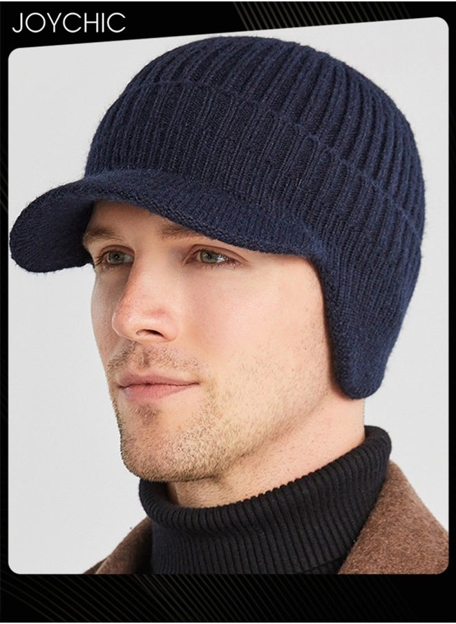 Joychic Men Winter Visor Beanie Hat with Earflaps Knit Baseball Cap with Brim Ski Hat Warm Fleece Lined Hunting Hat Navy Blue  - Image 1