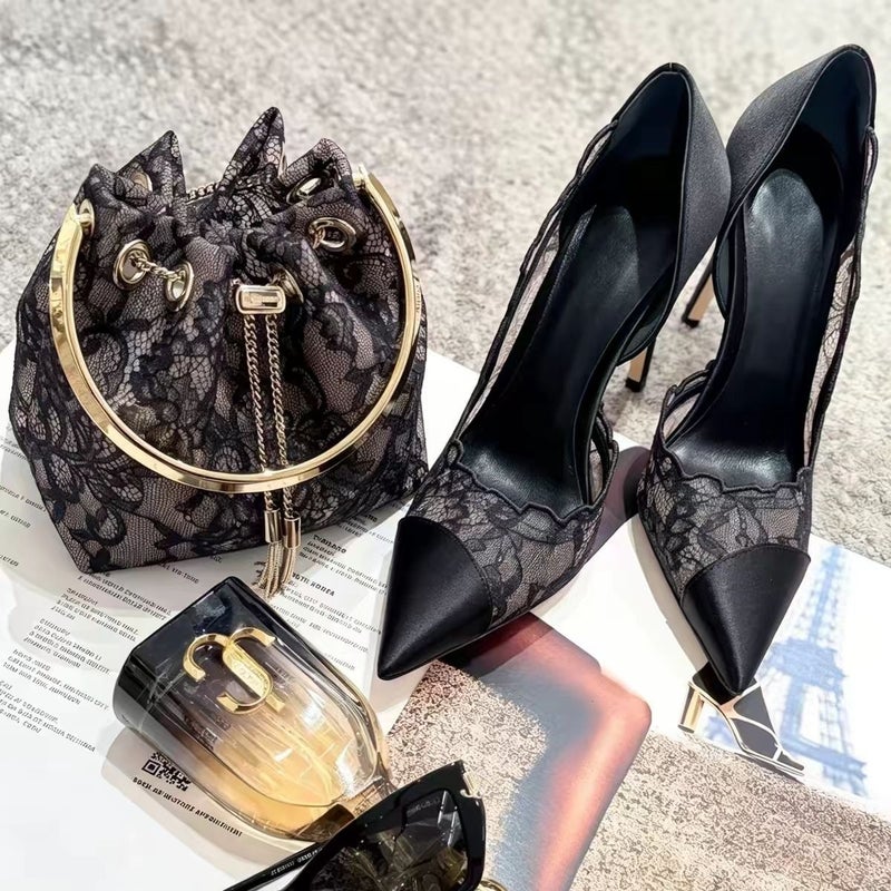 2025 New Black Lace Stiletto Heels for Women, Satin Pointed Toe, Sexy Breathable Mesh, Elegant Single Shoes