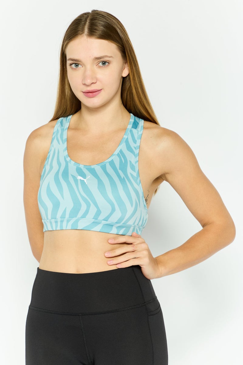 PUMA Women Allover Print Padded Sports Bra, Turquoise - Image 1