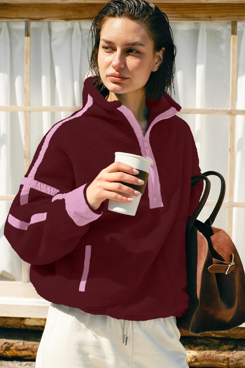 Panadila Womens Half Zip Sherpa Fleece Pullover Soft Oversized Sweatshirt with Pockets Warm Fuzzy Sweater (Burgundy,L) - Image 4