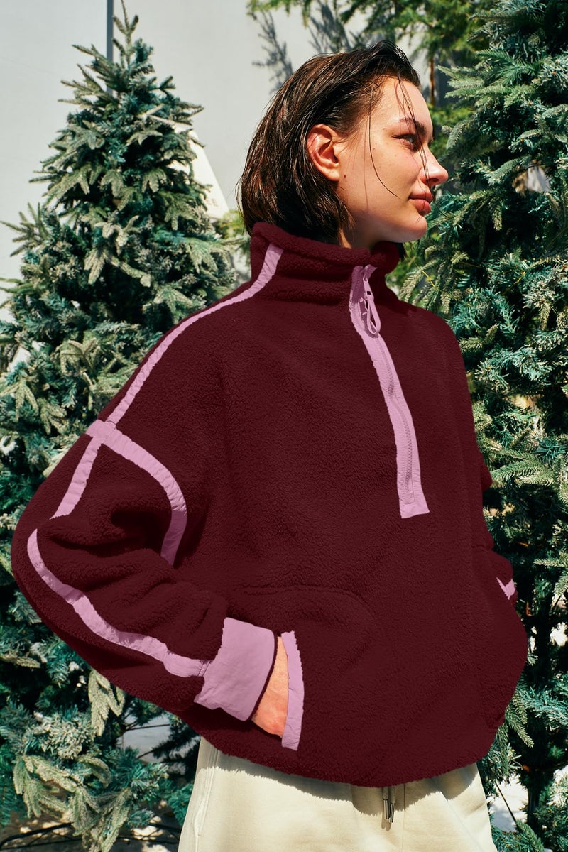 Panadila Womens Half Zip Sherpa Fleece Pullover Soft Oversized Sweatshirt with Pockets Warm Fuzzy Sweater (Burgundy,L) - Image 3