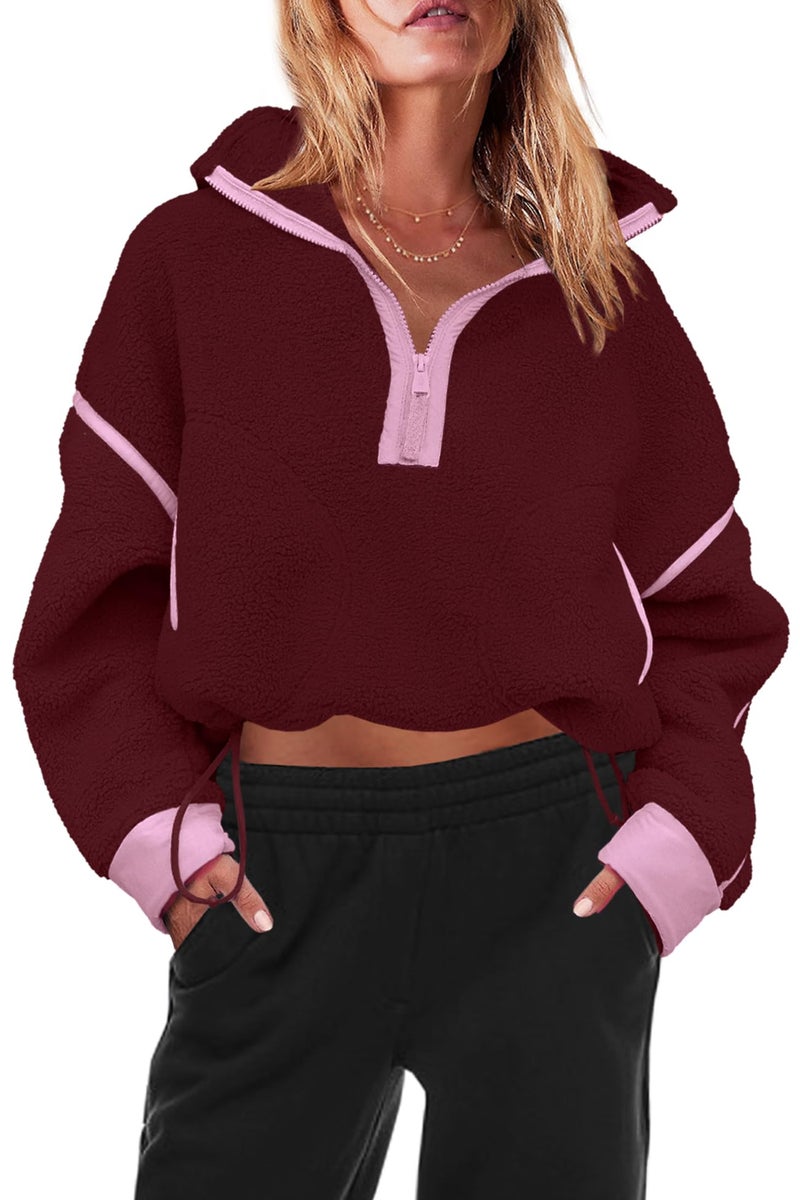 Panadila Womens Half Zip Sherpa Fleece Pullover Soft Oversized Sweatshirt with Pockets Warm Fuzzy Sweater (Burgundy,L) - Image 2