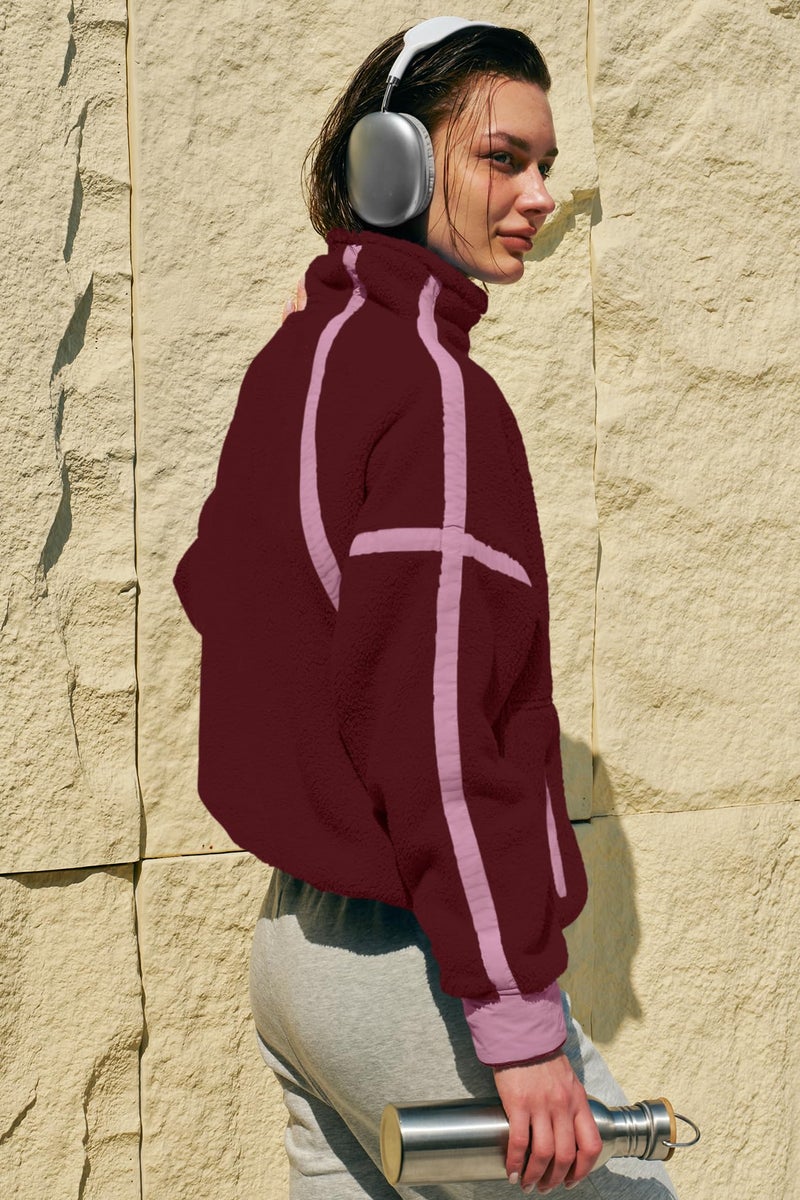 Panadila Womens Half Zip Sherpa Fleece Pullover Soft Oversized Sweatshirt with Pockets Warm Fuzzy Sweater (Burgundy,L) - Image 5