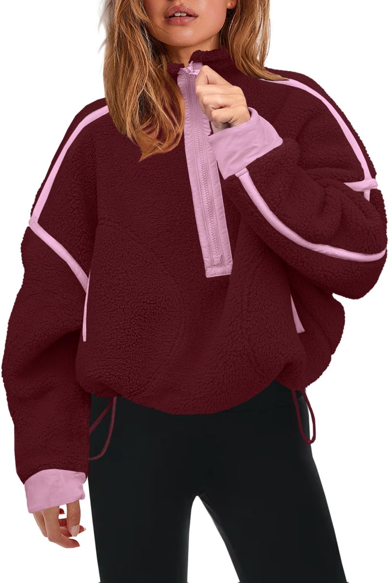 Panadila Womens Half Zip Sherpa Fleece Pullover Soft Oversized Sweatshirt with Pockets Warm Fuzzy Sweater (Burgundy,L) - Image 1