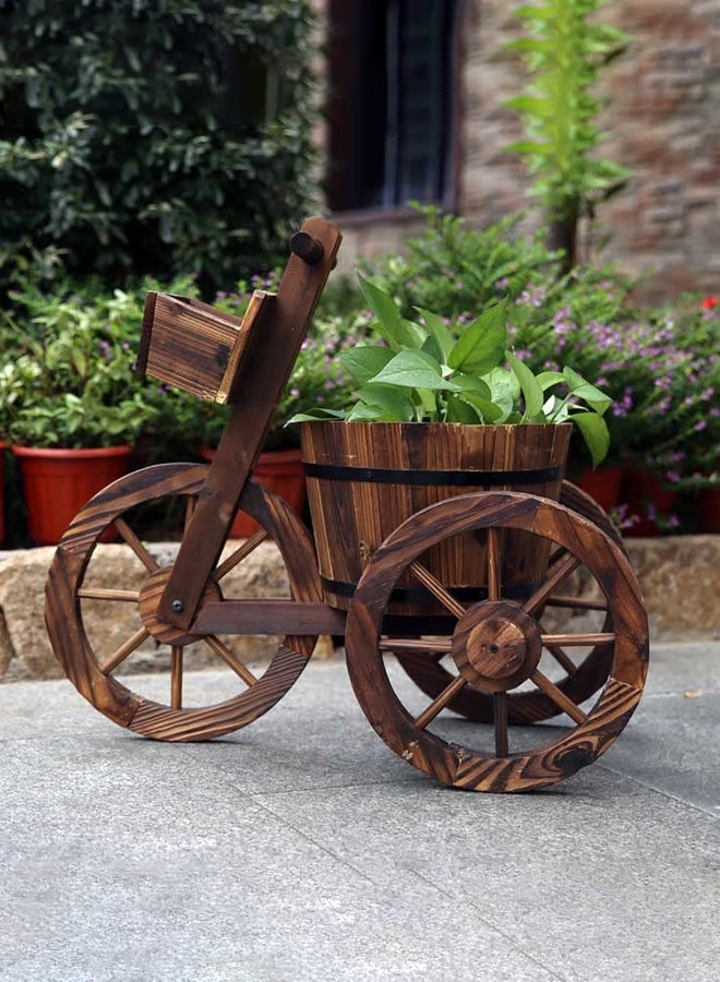 HOME TASTE Hometaste Cycle Shaped Wooden Flowers Pot Wood Cart Garden Planter Pot With 3 Wheels Barrow Wagon Flower Barrel Outdoor Decoration For Patio Lawn Backyard Wooden Flower Vase Flowers Planter  - Image 1