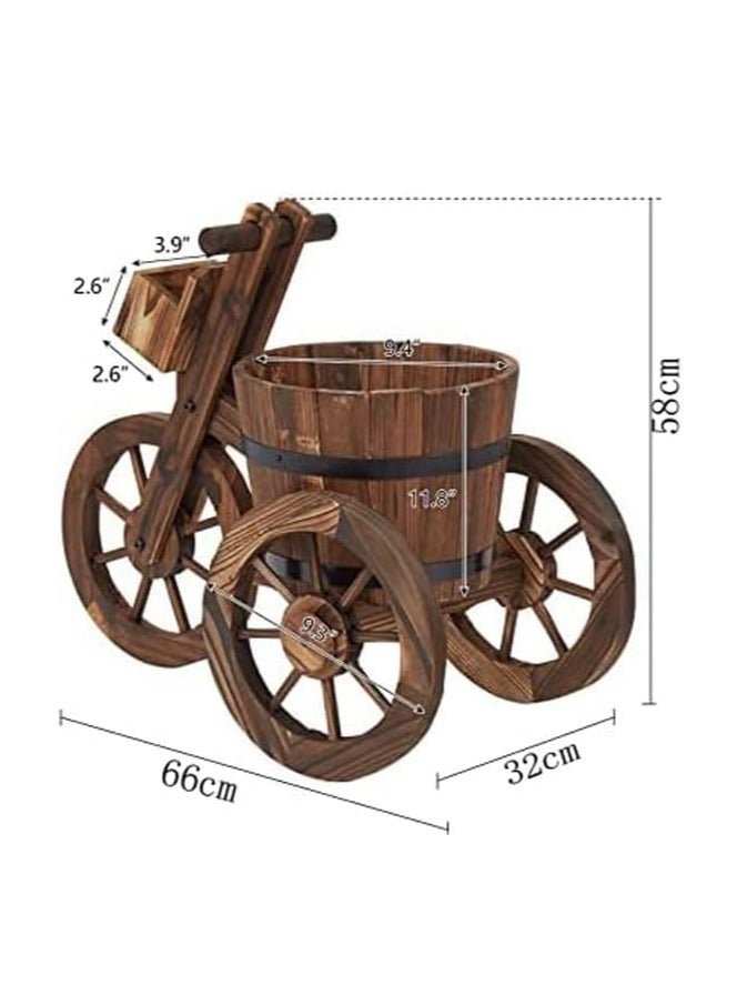 HOME TASTE Hometaste Cycle Shaped Wooden Flowers Pot Wood Cart Garden Planter Pot With 3 Wheels Barrow Wagon Flower Barrel Outdoor Decoration For Patio Lawn Backyard Wooden Flower Vase Flowers Planter  - Image 2