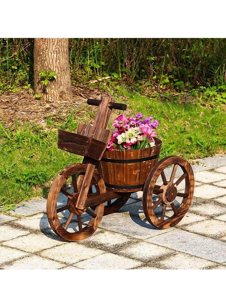 HOME TASTE Hometaste Cycle Shaped Wooden Flowers Pot Wood Cart Garden Planter Pot With 3 Wheels Barrow Wagon Flower Barrel Outdoor Decoration For Patio Lawn Backyard Wooden Flower Vase Flowers Planter  - Image 4
