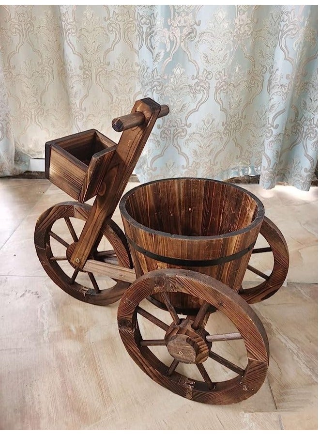 HOME TASTE Hometaste Cycle Shaped Wooden Flowers Pot Wood Cart Garden Planter Pot With 3 Wheels Barrow Wagon Flower Barrel Outdoor Decoration For Patio Lawn Backyard Wooden Flower Vase Flowers Planter  - Image 3