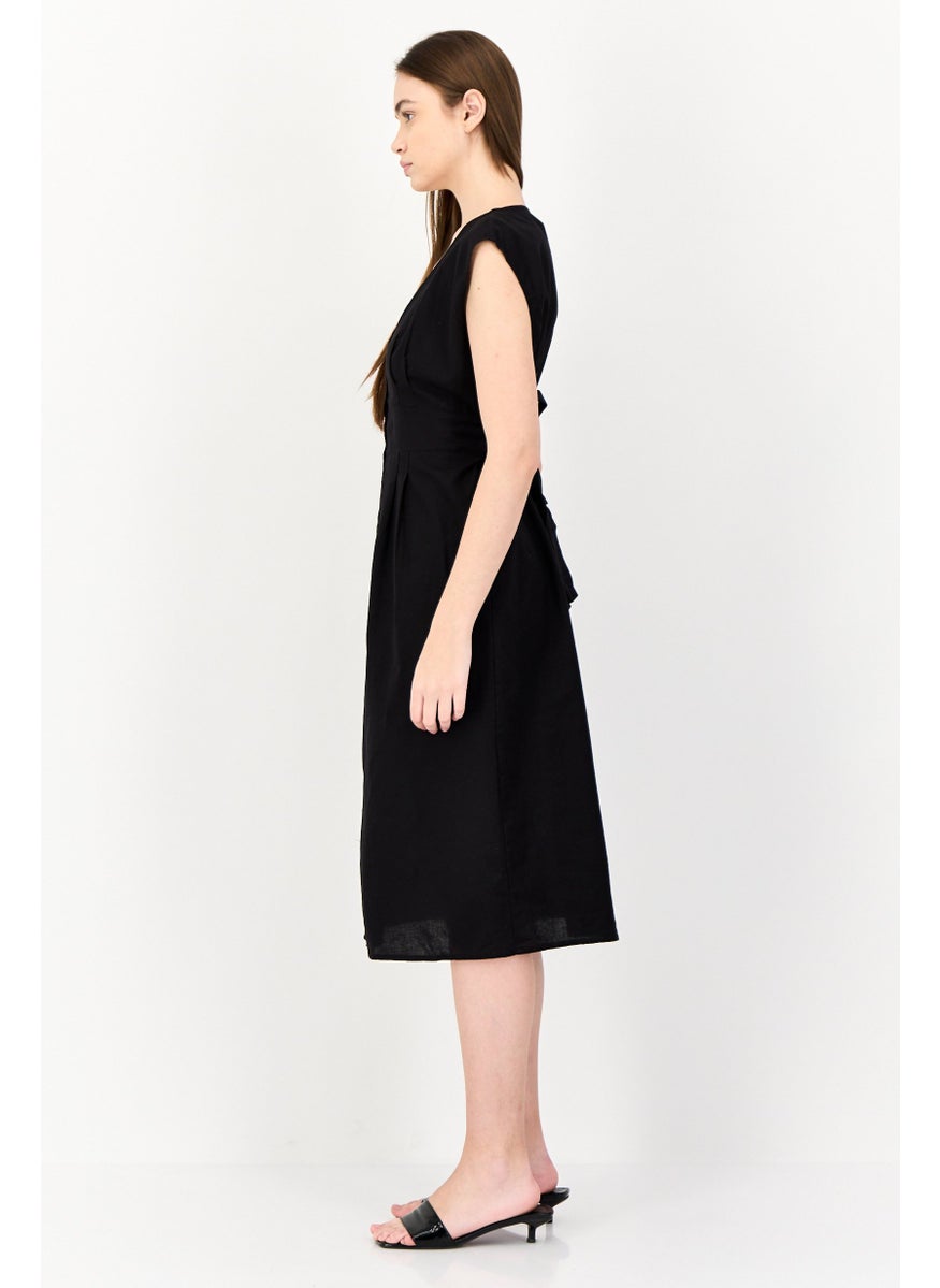 BRAVE SOUL Women Plain Belted Midi Dress, Black  - Image 2