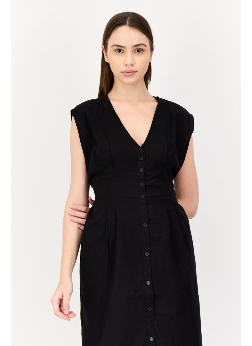BRAVE SOUL Women Plain Belted Midi Dress, Black  - Image 3