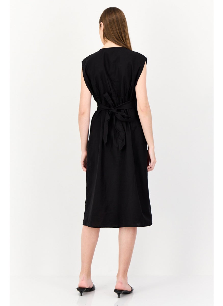 BRAVE SOUL Women Plain Belted Midi Dress, Black  - Image 4
