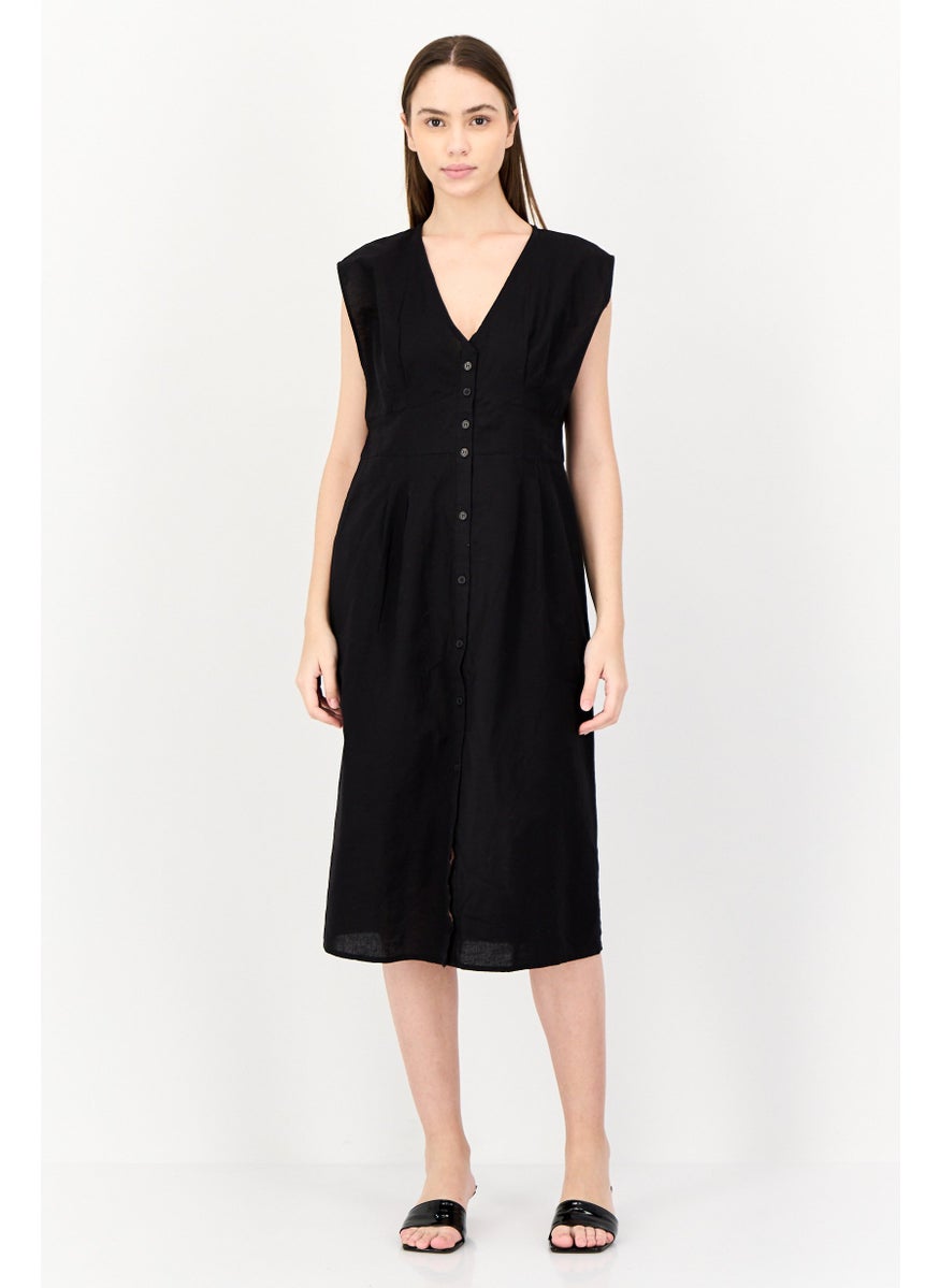 BRAVE SOUL Women Plain Belted Midi Dress, Black  - Image 1